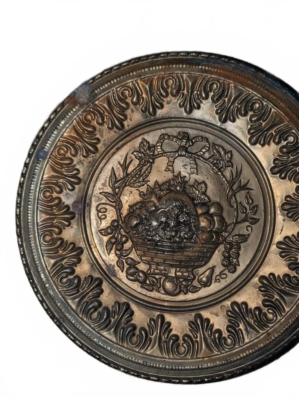 Vintage Decorative Metal Wall Plates with Fruit Basket Motif - Set of 2